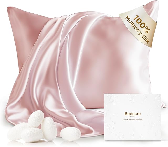 Bedsure 100% Mulberry Silk Pillowcase for Hair and Skin, Pink Silk Pillow Case with Hidden Zipper, Gifts for Women, Queen Size Single Pack,20x30 Inches