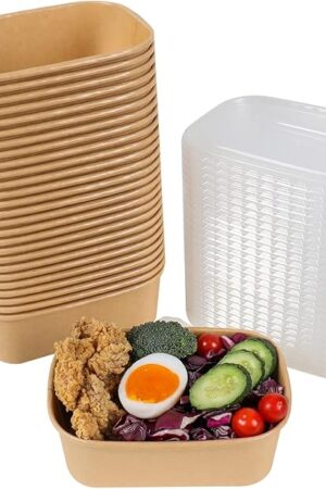 25 oz Disposable Kraft paper bowls with lids, Rectangle Food containers Soup Bowls Party Supplies Treat Bowls 50 Pack