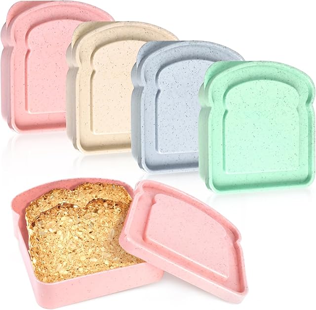 4PCS Toast-Shaped Sandwich Containers for Lunch Boxes, 14oz BPA-Free Plastic Food Storage with Lid, Reusable Microwave & Dishwasher Safe, Freezer Friendly for Families, School, Office