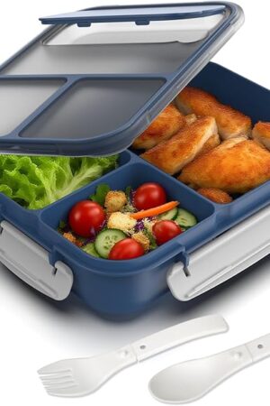 WHALEHOUSE Large Capacity Bento Box for Adult, 1700ML 3 Compartments Lunch Box with Utensil, Airtight Food Container with Lids for Meal Prep, Microwave/Dishwasher/Freezer Safe, On the Go (Dark Blue)