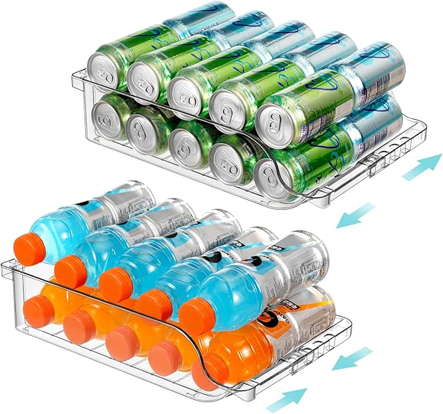 2 Packs Clear Width Adjustable Soda Can Organizer for Refrigerator Expandable Soda Can Dispenser for Beer Soda Seltzer Pop Can Soda Expand Organizer for Fridge Kitchen Pantry