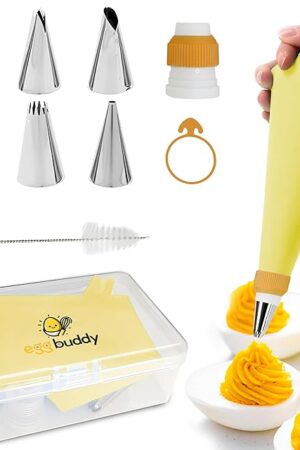 Deviled Egg Piping Tool – Reusable Piping Bag and Tips Set, 9 Piece Silicone Piping Bag Decorator & Filler Kit for Perfect Party Appetizers (Yolk Yellow)