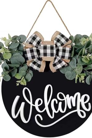 Welcome Sign for Front Door Porch Decor Farmhouse Wreath Wall Decor Φ30cm Round Wooden Hanging Housewarming Home Decor for Home Outdoor Indoor (Black)