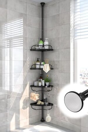 Corner Shower Caddy 4-Tier Tension Pole Rustproof Floor to Ceiling Standing Caddy 125 Inch Tall