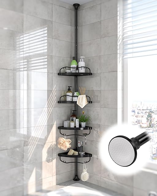 Corner Shower Caddy 4-Tier Tension Pole Rustproof Floor to Ceiling Standing Caddy 125 Inch Tall