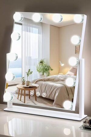Vanity Mirror with Lights, 13'' x 11'' Lighted Makeup Mirror for Desk, Hollywood Mirror with 12 Dimmable Bulbs, 3 Color Modes, Smart Touch Control, 360°Rotation