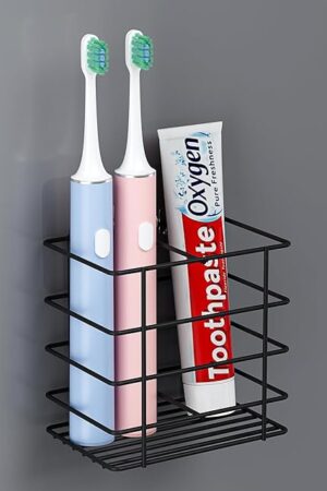 Adhesive Toothbrush Holder Wall Mounted, Suction Toothpaste Organizer for Shower, Hanging Razor Tooth Brush Holder Storage Caddy with Drainage, Black Bathroom Accessories and Decor