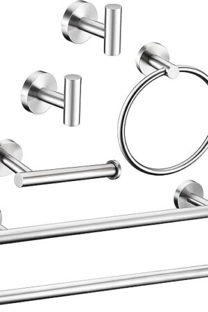 6 Pieces Brushed Nickel Bathroom Hardware Accessories Set Hand Towel Ring 16&23.6 inch Round Towel Bar Silver Toilet Paper Holder Towel Hooks 2 Pieces SUS 304 Stainless Steel,Heavy Duty,Wall Mounted