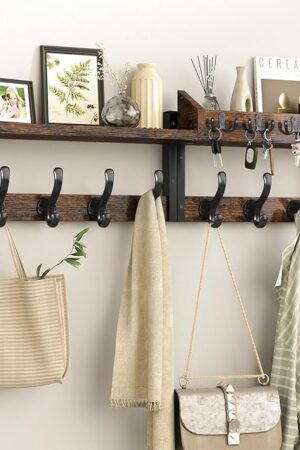 29" Coat Rack Wall Mount with Shelf, 4 in 1 Coat and Key Hanger with 11 Metal Hooks, Entryway Wall Mounted Shelf with Mail Holder for Living Room, Bedroom, Rustic Brown