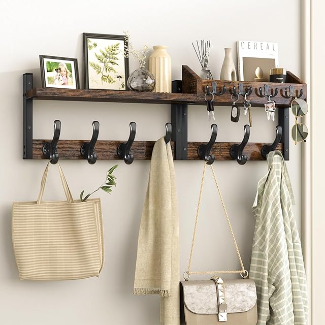 29" Coat Rack Wall Mount with Shelf, 4 in 1 Coat and Key Hanger with 11 Metal Hooks, Entryway Wall Mounted Shelf with Mail Holder for Living Room, Bedroom, Rustic Brown