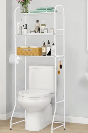 Bathroom Racks Over Toilet, Over The Toilet Shelf Organizer 3-Tier Space-Saving Freestanding Shelf with Roll Holder and 3 Hooks, Sturdy Rust-Resistant Design for Organization - White, 62" H