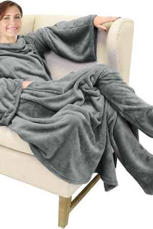 Catalonia Wearable Fleece Blanket with Sleeves and Foot Pockets for Adult Women Men, Micro Plush Comfy Wrap Sleeved Throw Blanket Robe Large, Grey