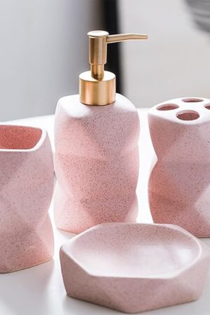 Bathroom Accessories Set, 4 Pcs Irregular Bathroom Organizer Countertop, Toothbrush Holders Set, Soap Dispenser, Soap Dish, Tumbler, Contemporary Modern Decor Ceramics Vintage Gift(Stone Pink)