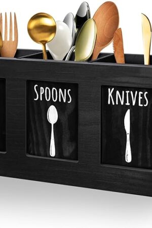 Wood Flatware Organizer, Rustic Utensil & Silverware Holder for Forks, Spoons, Knives, Farmhouse Kitchen Cutlery Caddy Bin Countertop - Black
