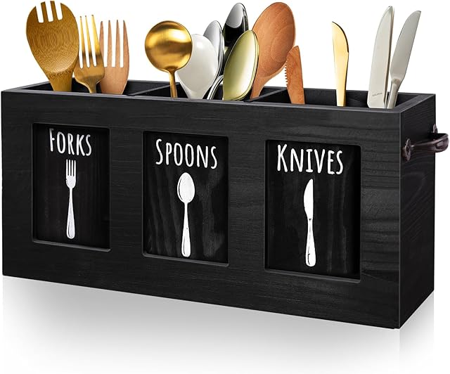 Wood Flatware Organizer, Rustic Utensil & Silverware Holder for Forks, Spoons, Knives, Farmhouse Kitchen Cutlery Caddy Bin Countertop - Black