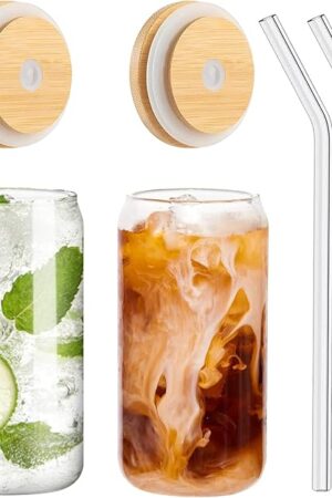 Drinking Glasses with Bamboo Lids and Glass Straw 2PCS Set, 16oz Glass Cups with Lids and Straws, Beer, Iced Coffee Glasses, Soda, Gift 1 Cleaning Brushes
