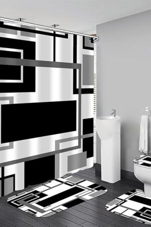 4 Pcs Black Geometric Shower Curtain Sets Non-Slip Bath Rugs, Toilet Cover, U-Shaped Mat, Abstract Geometric Modern Shower Curtain with 12 Hooks