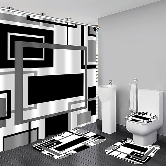 4 Pcs Black Geometric Shower Curtain Sets Non-Slip Bath Rugs, Toilet Cover, U-Shaped Mat, Abstract Geometric Modern Shower Curtain with 12 Hooks