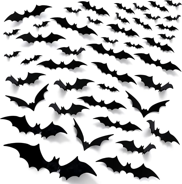 EkkoVla Bats Wall Decor, 170Pcs 3D Bat Halloween Decorations, Windows Stickers 6 Different Sizes PVC Black Bat Sticker for DIY Home Decor, Indoor Hallowmas Party Supplies