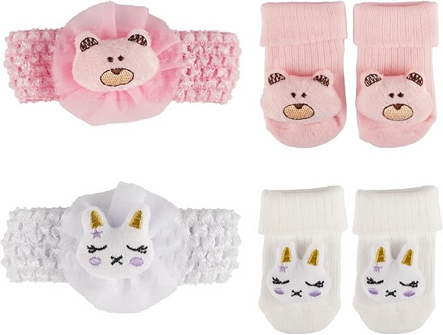The BABESIDE Baby Doll Accessories Set for 17-24 Inch Dolls, 2 Sets of Baby Doll Headbands and Socks with Cute Animal Patterns for Realistic Newborn Dolls Girls, White & Pink