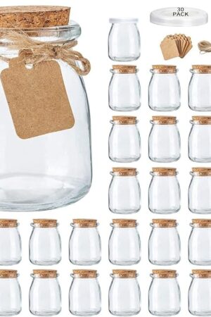 Brajttt Mini Yogurt Jars 30 Pack, 7 oz Glass Favor Jars with Cork Lids, Pudding Containers with Lids, Mason Jar Wedding Favors Honey Pot with Label Tags and String