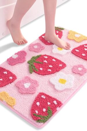 Anybar Pink Bathroom Rugs Cute Strawberry Flower Bath Mat Bathroom Accessories, Funny Colorful Non Slip Floor Bath Rug Machine Washable Bathmat Soft Microfiber Carpet for Shower, Bathtub (18x25 inch)