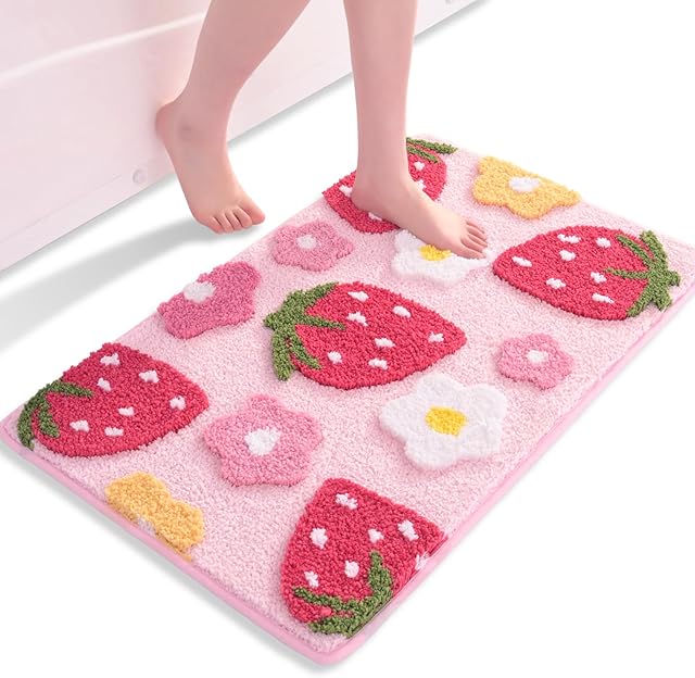 Anybar Pink Bathroom Rugs Cute Strawberry Flower Bath Mat Bathroom Accessories, Funny Colorful Non Slip Floor Bath Rug Machine Washable Bathmat Soft Microfiber Carpet for Shower, Bathtub (18x25 inch)