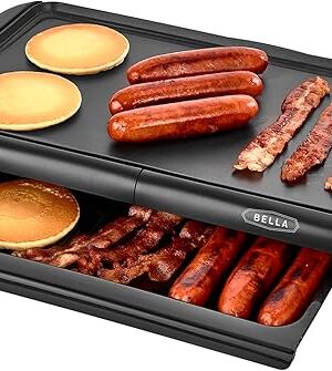 bella Electric Griddle with Warming Tray - Smokeless Indoor Grill, Nonstick Surface, Adjustable Temperature & Cool-touch Handles, 10" x 18", Copper/Black