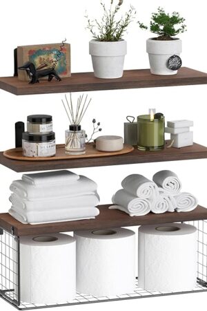 WOPITUES Bathroom Shelf Over Toilet, Floating Bathroom Shelf Wall Mounted with Wire Basket, Floating Shelf for Wall Décor-Rustic Brown