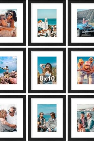 Vittanly 8x10 Picture Frames Set of 9, Shatter Resistant Plexiglass, Display 5x7 Pictures with Mat or 8x10 without Mat, Photo Frames for Wall or Tabletop, Engineered Wood, Black