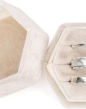 WantGor Velvet Jewelry Ring Box, 3 Slots Hexagon Ring Gift Box Vintage Ring Display Holder Case for Wedding Ceremony Proposal Engagement (Beige, 3 Slots)