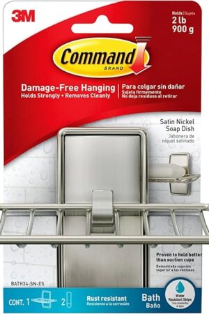 Command Soap Dish for Shower, Damage Free Hanging Bathroom, No Tools Bar Soap Holder, 1 Satin Nickel Soap Dish and 2 Water-Resistant Command Strips