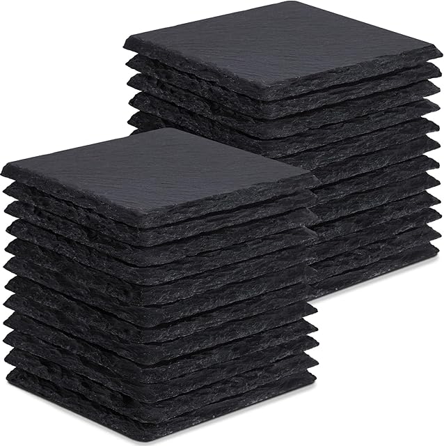 24 Pieces Slate Drink Coasters, GOH DODD 4 Inch Black Coasters Stone Coaster Set, Laser Engraving Blanks with Anti-Scratch Bottom for Home Office Kitchen Housewarming Gifts Wedding Party, Square