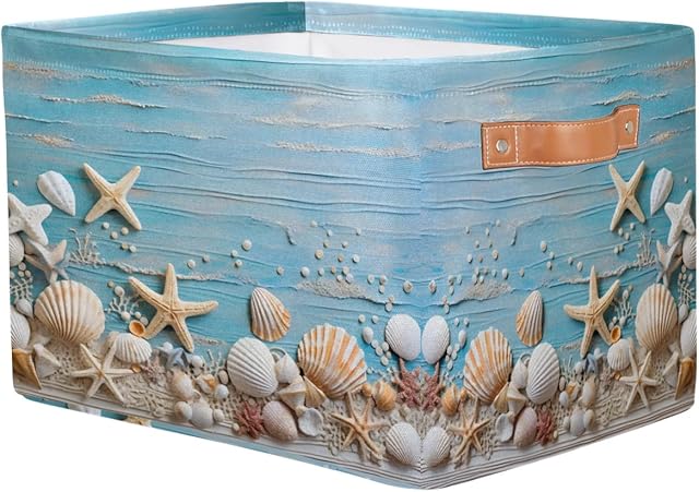 Sea Shells Starfish Storage Baskets with Handles,Collapsible Beach Cubes Cloth Storage Box Bin,Open Shelves Basket Organizer Kid Boys Girls Toy Gift Basket Empty for Clothes Bedroom Decorative