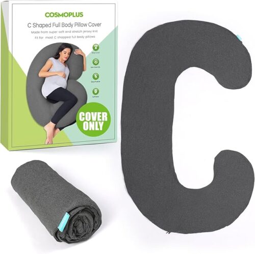 ????????? ?????? ?????? COSMOPLUS C Shaped Full Body Pillow Case ?????? for Maternity,Stretchy Cool Breathable Jersey Fabric,Provides Sleep and Pregnancy Support,Heather Grey