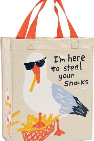 Blue Q Handy Tote - I'm Here to Steal Your Snacks. Reusable lunch sack, little gift bag, sneaky seagull design, sturdy and easy-to-wipe-clean, made from 95% recycled material, 10" h x 8.5" w x 4.5" d