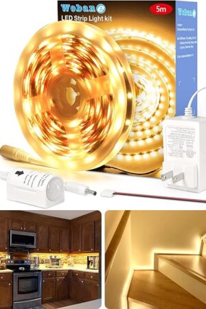 WOBANE LED Strip Lights, Motion Sensor Light Strip with Remote and Adapter, Night Light, Dimmable Function, 16.4ft Tape Lighting for Kitchen, Under Cabinet, Bedroom, Shelf, Bed, 3000K Warm White