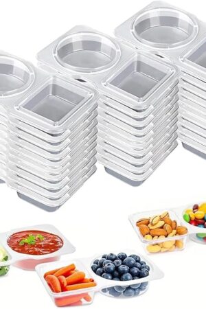 30pcs Reusable Snack Containers with Lids,2025 New 2 Compartment Plastic Containers for Pack Snacks,Leakproof Double Compartment Condiment Pack for Meal Prep, Portion Control,On-the-Go School Travel