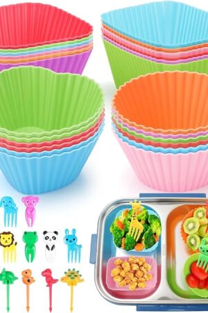 100PCS Silicone Lunch Box Dividers for Kids Lunch Accessories Set, Including 24 Reusable Silicone Cupcake Liners Baking Muffin Cups with 76 Animal Food Picks for Kids, Lunchbox Bento Box Accessories
