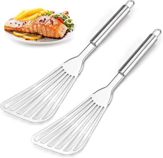2-Piece Premium Fish Spatula Set, Big Size Stainless Steel, Thickness Blade Turner for Cooking, Flipping, Frying and Grilling