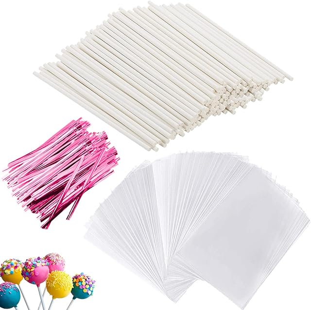 300pcs Cake Pops Set, 100pcs 6 Inch Lollipop Sticks, 100pcs Cake Pops Bags, 100Pcs Pink Metal Twist Ties for DIY Lollipops, CakePops, Candy, Chocolate Making Tools