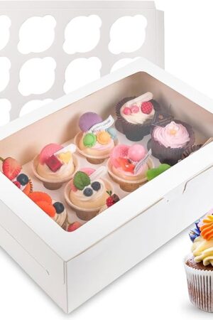 6 Pack Cupcake Boxes, 12 Count Cupcake Containers with Window and Cardborad, Food Grade Cupcake Carrier For Muffins Cupcakes Desserts (White 13.4×10×4 In)