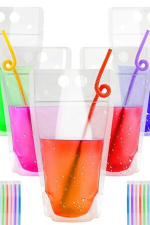 44 Drink Pouches with Straws Individually-Wrapped - 17oz Juice Drink Pouches Adults Alcohol Clear Plastic Halloween Blood Bag Reusable Cocktail Liquor Liquid Smoothie Party Hot Weather Cooling