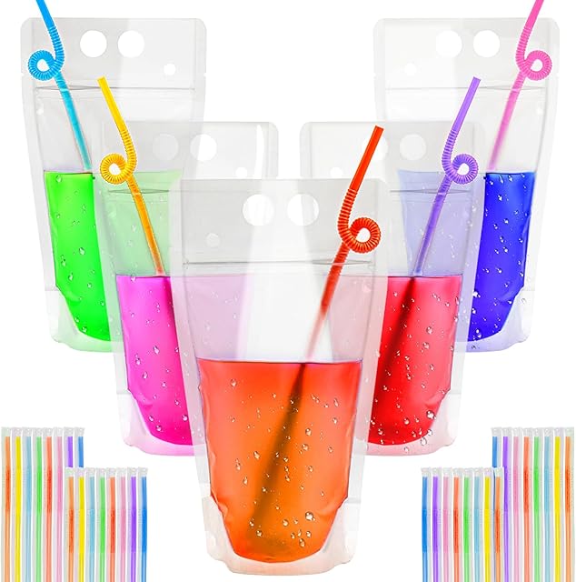 44 Drink Pouches with Straws Individually-Wrapped - 17oz Juice Drink Pouches Adults Alcohol Clear Plastic Halloween Blood Bag Reusable Cocktail Liquor Liquid Smoothie Party Hot Weather Cooling