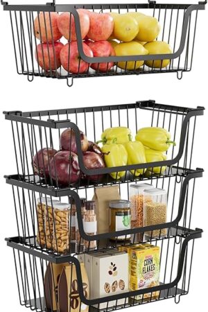 4 Pcs Stackable Wire Baskets for Pantry Organizers and Storage,Kitchen Storage Metal Baskets,Produce Potato Onion Storage Bin,Vegetable Fruit Basket for Countertop,Black
