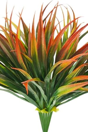 6Pcs Artificial Grass Fake Plants 17.3in Outdoor Plastic Plants UV Resistant Greenery Fake Grass for Home Window Garden Office Patio Hanging Planter Pathway Front Porch Décor Red