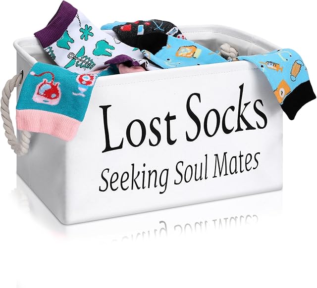 Dingion Lost Socks Basket for Laundry Room Lost Socks Sign Bin Farmhouse Laundry Room Decor and Accessories Polyester Fabric White, 13.78 x 9.45 x 7.87 Inch