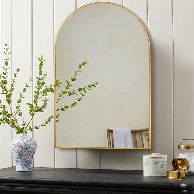 Arched Gold Bathroom Mirror,20 x 30 Inch Arch Wall Mirror with Wood Frame,Vanity Modern Tempered Glass Mirror for Bedroom,Entryway,Living Room