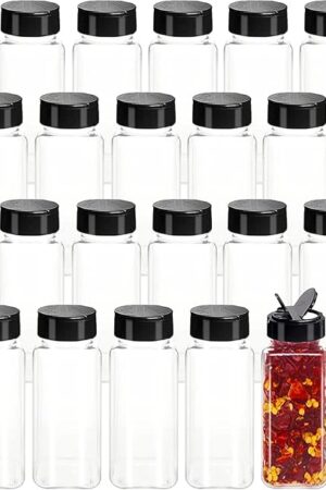 24 Pack 3.5 oz Square Plastic Spice Jars,Seasoning Containers with Black Screw Lids to Pour or Shake,Empty Storage Spice Containers for Spice,Powders,Peppers