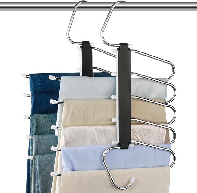 2 Pack Pants Hangers Space Saving Clothes Hangers 5 Layers, Non Slip Pant Hanger for Closet Organizers and Storage, Stainless Steel Jean Hangers Multifunctional Pant Rack for Trouser, Scarf, Skirt